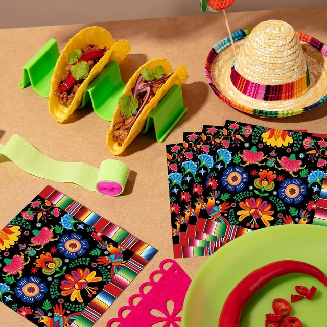 Alt view image 5 of 6 - Pack of 50, Mexican Fiesta Napkins, Colorful Floral and Serape Stripe Design, Disposable Paper Napkins for Cinco de Mayo, Taco Night, Birthdays, Mexican-Themed Party Supplies, 13x13 Inches Unfolded