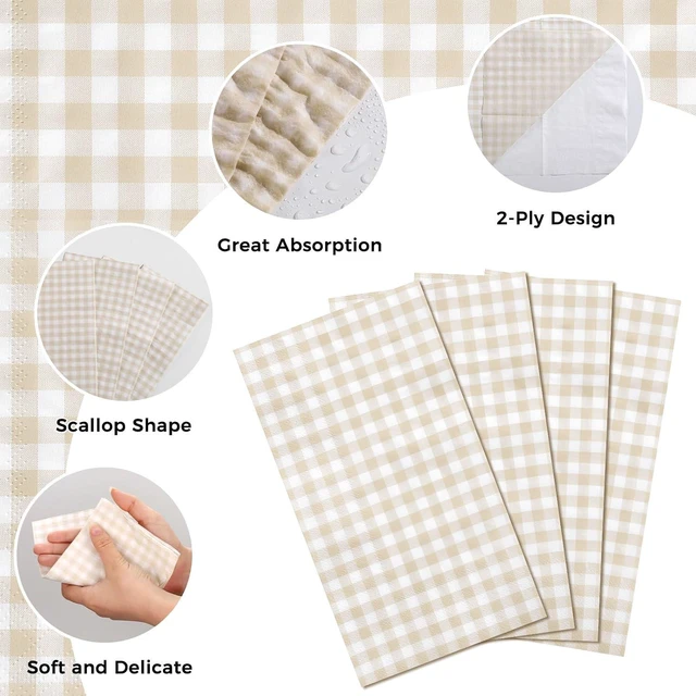 Alt view image 4 of 6 - 60 Pcs Ivory Gingham Napkins, Light Beige and White Plaid Bathroom Napkins