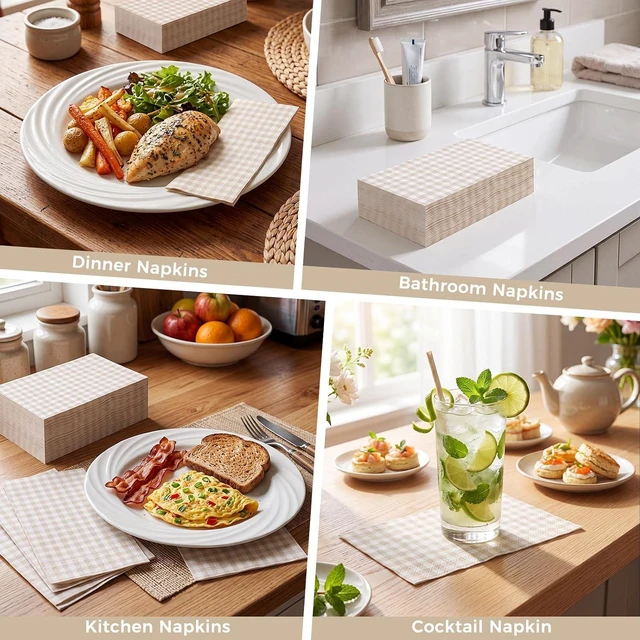 Alt view image 5 of 6 - 60 Pcs Ivory Gingham Napkins, Light Beige and White Plaid Bathroom Napkins
