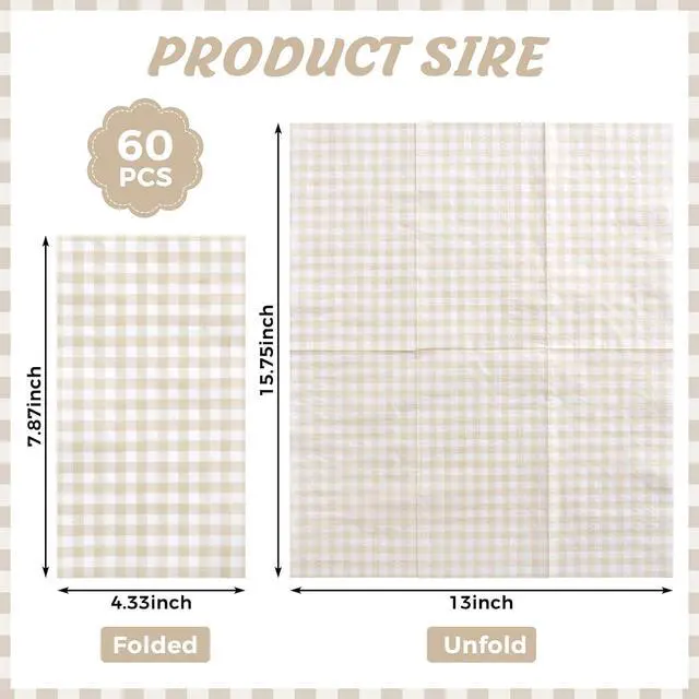 Alt view image 2 of 6 - 60 Pcs Ivory Gingham Napkins, Light Beige and White Plaid Bathroom Napkins