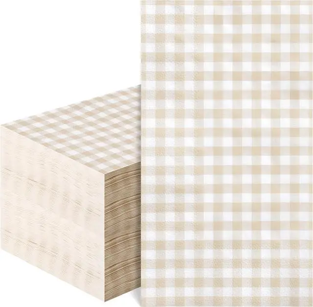 Main image of 60 Pcs Ivory Gingham Napkins, Light Beige and White Plaid Bathroom Napkins
