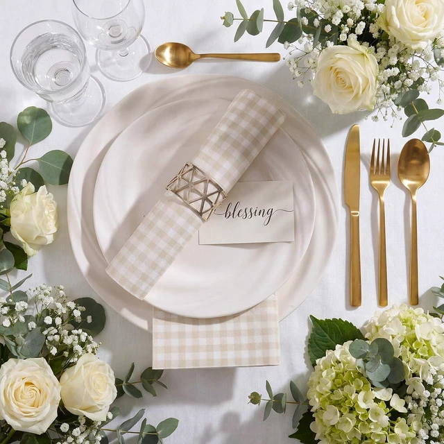 Alt view image 3 of 6 - 60 Pcs Ivory Gingham Napkins, Light Beige and White Plaid Bathroom Napkins