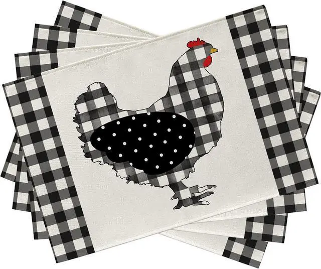 Main image of Farm Chicken Hen Animal Placemats Set of 4, Black White Buffalo Check Plaid Farmhouse Chick Dining Table Place Mats, Spring Summer Country Rustic Kitchen Decor Home Decoration 12 x 18 Inch