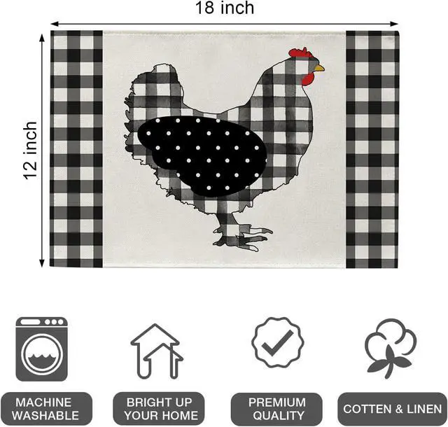 Alt view image 2 of 7 - Farm Chicken Hen Animal Placemats Set of 4, Black White Buffalo Check Plaid Farmhouse Chick Dining Table Place Mats, Spring Summer Country Rustic Kitchen Decor Home Decoration 12 x 18 Inch