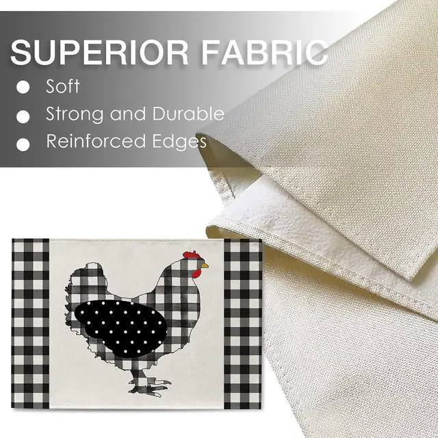 Alt view image 3 of 7 - Farm Chicken Hen Animal Placemats Set of 4, Black White Buffalo Check Plaid Farmhouse Chick Dining Table Place Mats, Spring Summer Country Rustic Kitchen Decor Home Decoration 12 x 18 Inch