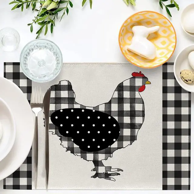 Alt view image 4 of 7 - Farm Chicken Hen Animal Placemats Set of 4, Black White Buffalo Check Plaid Farmhouse Chick Dining Table Place Mats, Spring Summer Country Rustic Kitchen Decor Home Decoration 12 x 18 Inch