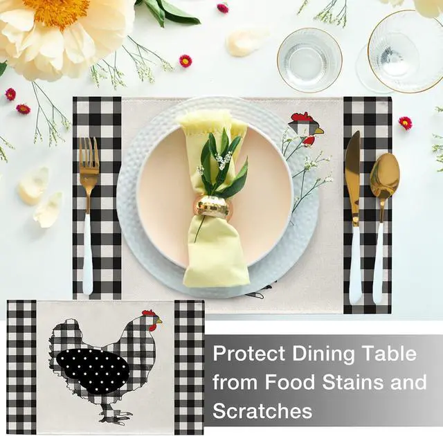Alt view image 5 of 7 - Farm Chicken Hen Animal Placemats Set of 4, Black White Buffalo Check Plaid Farmhouse Chick Dining Table Place Mats, Spring Summer Country Rustic Kitchen Decor Home Decoration 12 x 18 Inch