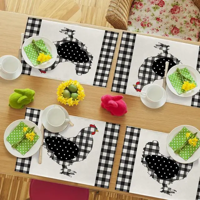 Alt view image 7 of 7 - Farm Chicken Hen Animal Placemats Set of 4, Black White Buffalo Check Plaid Farmhouse Chick Dining Table Place Mats, Spring Summer Country Rustic Kitchen Decor Home Decoration 12 x 18 Inch