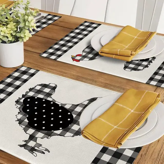 Alt view image 6 of 7 - Farm Chicken Hen Animal Placemats Set of 4, Black White Buffalo Check Plaid Farmhouse Chick Dining Table Place Mats, Spring Summer Country Rustic Kitchen Decor Home Decoration 12 x 18 Inch