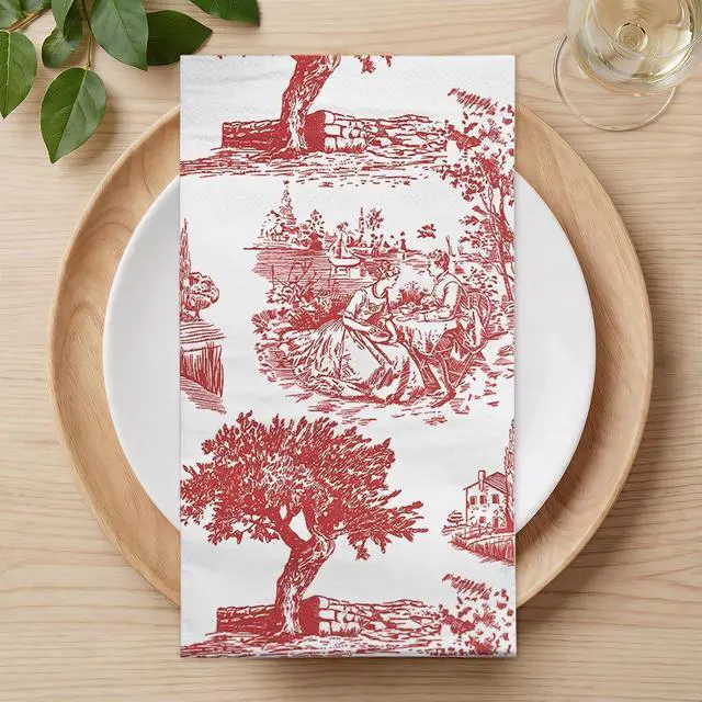 Main image of 25 Pcs Red Toile Decorative Paper Hand Towels, Vintage Countryside Disposable Guest Napkins for Bathroom, 3 Ply 4.3" x 7.5" Folded Seasonal Dinner Decorative for Wedding, Tea Party, Holiday