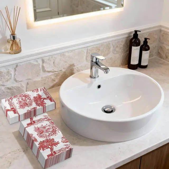 Alt view image 3 of 7 - 25 Pcs Red Toile Decorative Paper Hand Towels, Vintage Countryside Disposable Guest Napkins for Bathroom, 3 Ply 4.3" x 7.5" Folded Seasonal Dinner Decorative for Wedding, Tea Party, Holiday