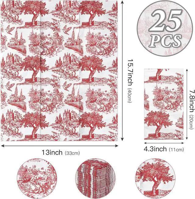 Alt view image 2 of 7 - 25 Pcs Red Toile Decorative Paper Hand Towels, Vintage Countryside Disposable Guest Napkins for Bathroom, 3 Ply 4.3" x 7.5" Folded Seasonal Dinner Decorative for Wedding, Tea Party, Holiday