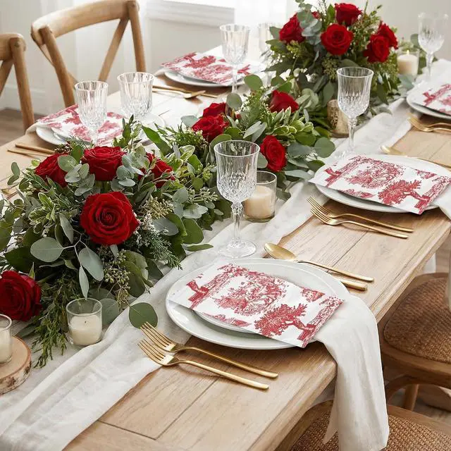 Alt view image 4 of 7 - 25 Pcs Red Toile Decorative Paper Hand Towels, Vintage Countryside Disposable Guest Napkins for Bathroom, 3 Ply 4.3" x 7.5" Folded Seasonal Dinner Decorative for Wedding, Tea Party, Holiday