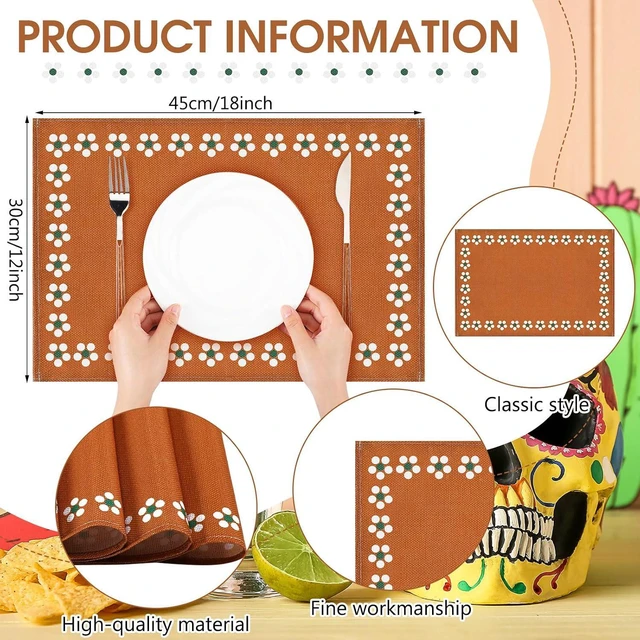 Alt view image 2 of 6 - Mexican Placemats Set of 6 Cinco De Mayo Decorations Table Mats 12x18 Inch Rustic Mexican Fiesta Cloth Place Mats Heat Resistant for Dining Table Kitchen Wedding Party(Classic)