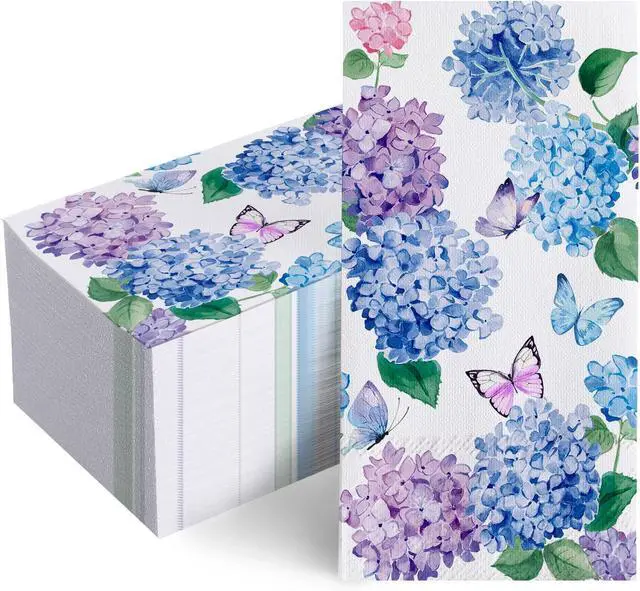 Main image of 100 PCS Spring Summer Hydrangea Flower Disposable Paper Napkins, Blue Purple Floral Bathroom Hand Towels Decorative Dinner Guest Napkin, Butterfly Kitchen Dinning Table Party Decor 8 x 4 Inches