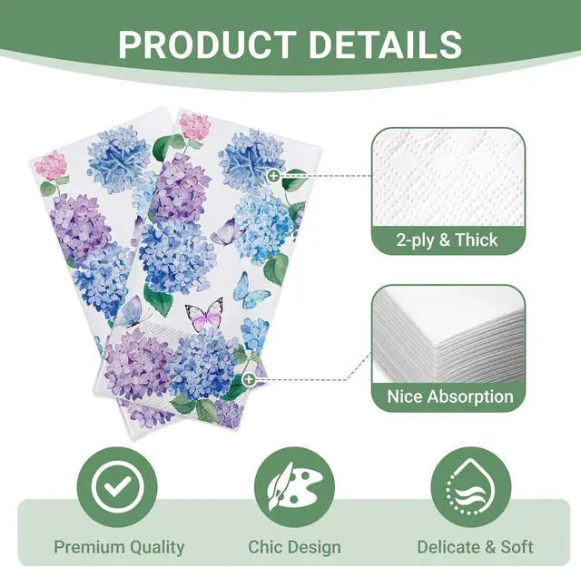 Alt view image 3 of 6 - 100 PCS Spring Summer Hydrangea Flower Disposable Paper Napkins, Blue Purple Floral Bathroom Hand Towels Decorative Dinner Guest Napkin, Butterfly Kitchen Dinning Table Party Decor 8 x 4 Inches