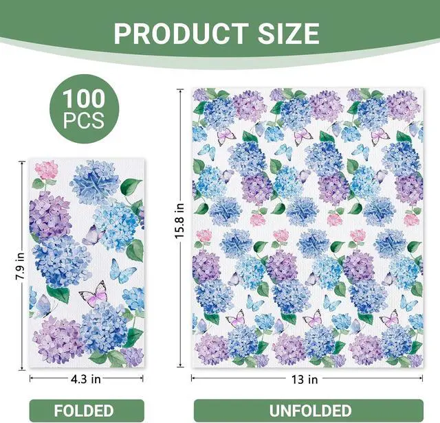 Alt view image 2 of 6 - 100 PCS Spring Summer Hydrangea Flower Disposable Paper Napkins, Blue Purple Floral Bathroom Hand Towels Decorative Dinner Guest Napkin, Butterfly Kitchen Dinning Table Party Decor 8 x 4 Inches