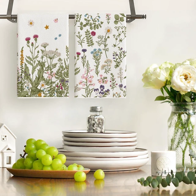 Alt view image 2 of 6 - Wildflower Floral Kitchen Towels Dish Towels, 18x26 Inch Leaves Holiday Decoration Hand Towels Set of 2