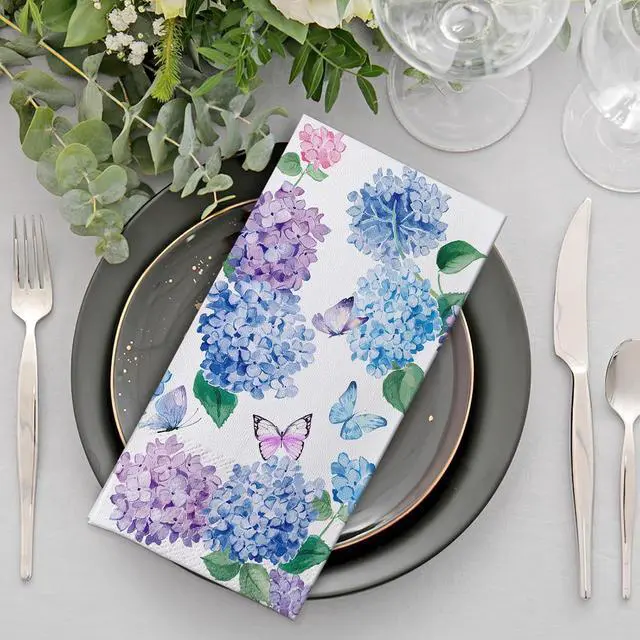 Alt view image 4 of 6 - 100 PCS Spring Summer Hydrangea Flower Disposable Paper Napkins, Blue Purple Floral Bathroom Hand Towels Decorative Dinner Guest Napkin, Butterfly Kitchen Dinning Table Party Decor 8 x 4 Inches