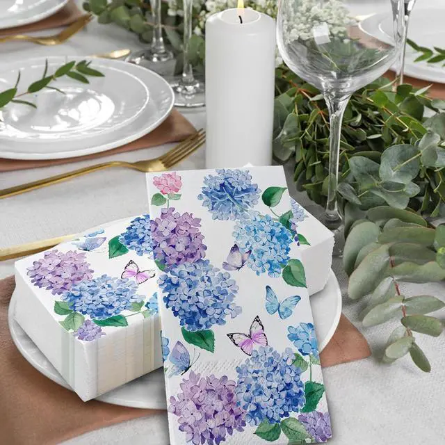 Alt view image 5 of 6 - 100 PCS Spring Summer Hydrangea Flower Disposable Paper Napkins, Blue Purple Floral Bathroom Hand Towels Decorative Dinner Guest Napkin, Butterfly Kitchen Dinning Table Party Decor 8 x 4 Inches