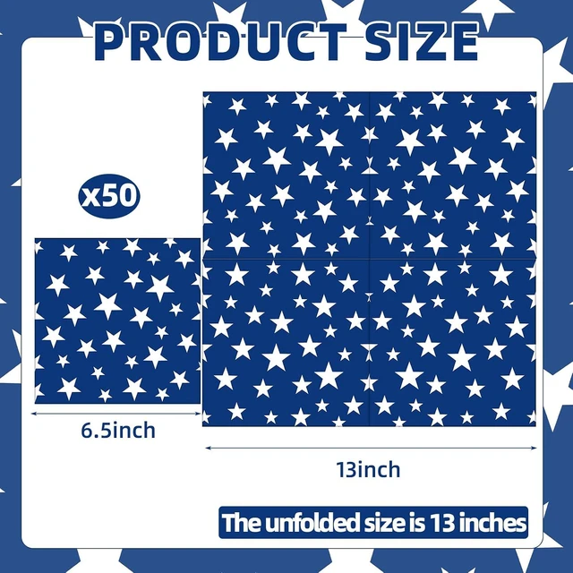 Alt view image 2 of 7 - 50 Count American Flag Paper Napkins 25 Red & White Stripe and 25 Blue with Stars Design, Disposable Beverage Cocktail Napkins for 4th of July, Memorial Day, Patriotic Parties, and Table Decorations