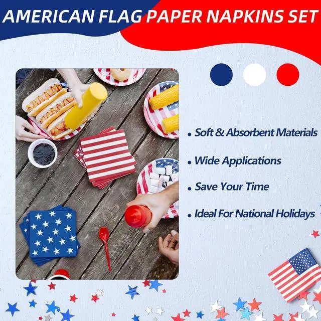 Alt view image 5 of 7 - 50 Count American Flag Paper Napkins 25 Red & White Stripe and 25 Blue with Stars Design, Disposable Beverage Cocktail Napkins for 4th of July, Memorial Day, Patriotic Parties, and Table Decorations