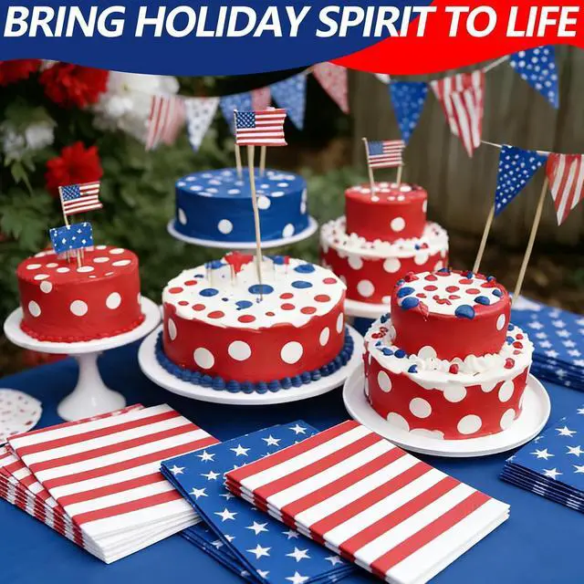 Alt view image 4 of 7 - 50 Count American Flag Paper Napkins 25 Red & White Stripe and 25 Blue with Stars Design, Disposable Beverage Cocktail Napkins for 4th of July, Memorial Day, Patriotic Parties, and Table Decorations