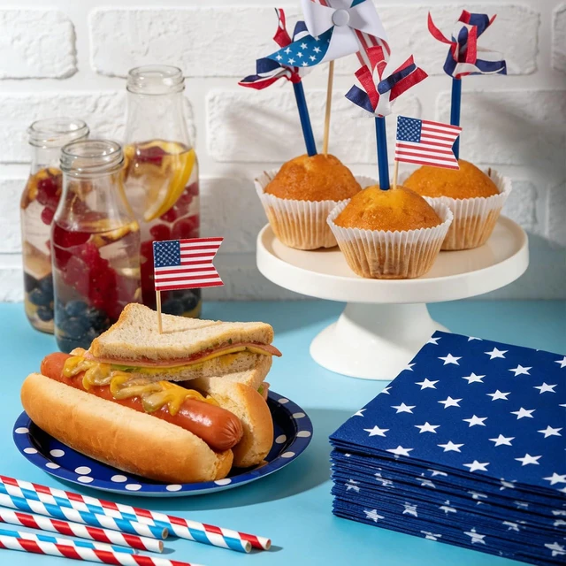 Alt view image 6 of 7 - 50 Count American Flag Paper Napkins 25 Red & White Stripe and 25 Blue with Stars Design, Disposable Beverage Cocktail Napkins for 4th of July, Memorial Day, Patriotic Parties, and Table Decorations