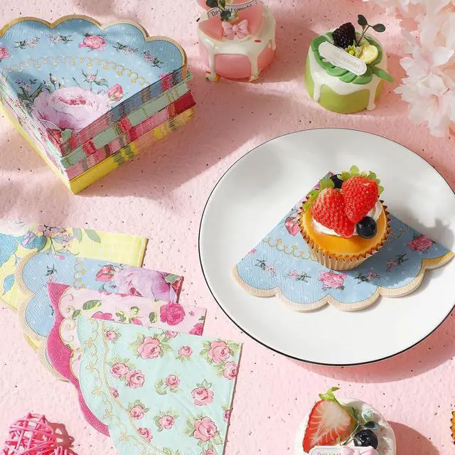 Alt view image 4 of 7 - 100 Pcs Floral Tea Napkins Disposable Scalloped, Classic Styles