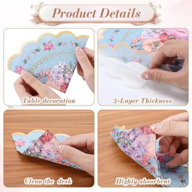 Alt view image 3 of 7 - 100 Pcs Floral Tea Napkins Disposable Scalloped, Classic Styles