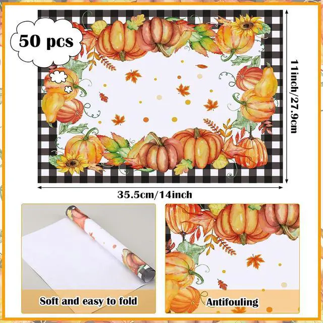 Alt view image 2 of 7 - 50 Pcs Fall Paper Placemats Buffalo Plaid Pumpkin 11x14 Inch