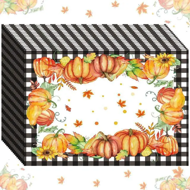 Main image of 50 Pcs Fall Paper Placemats Buffalo Plaid Pumpkin 11x14 Inch