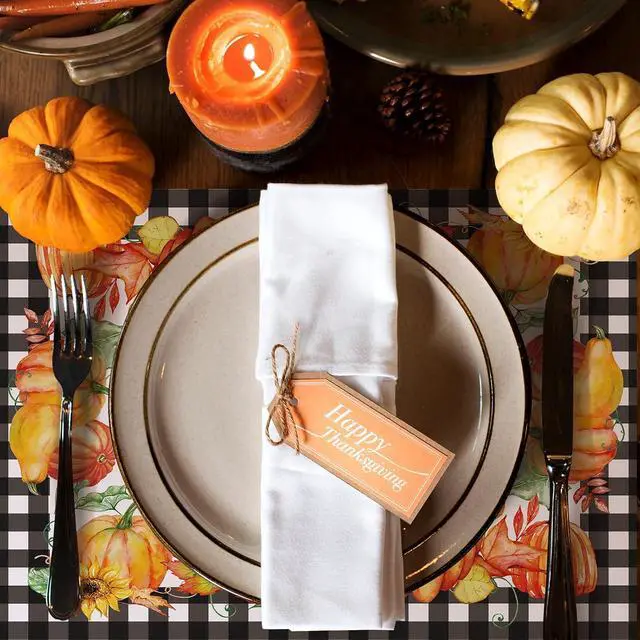 Alt view image 4 of 7 - 50 Pcs Fall Paper Placemats Buffalo Plaid Pumpkin 11x14 Inch