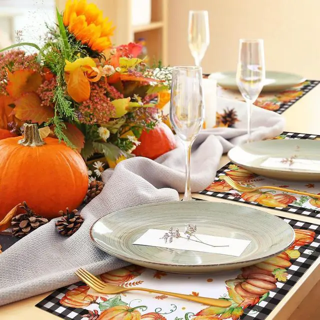 Alt view image 7 of 7 - 50 Pcs Fall Paper Placemats Buffalo Plaid Pumpkin 11x14 Inch