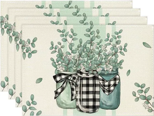 Main image of Eucalyptus Buffalo Plaid Spring Placemats Set of 4, 12x18 Inch Vase Seasonal Table Mats for Party Kitchen Dining Decoration