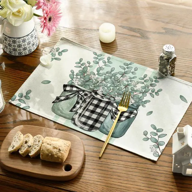 Alt view image 2 of 7 - Eucalyptus Buffalo Plaid Spring Placemats Set of 4, 12x18 Inch Vase Seasonal Table Mats for Party Kitchen Dining Decoration