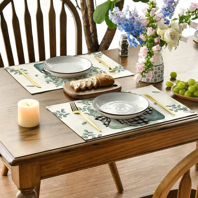 Alt view image 3 of 7 - Eucalyptus Buffalo Plaid Spring Placemats Set of 4, 12x18 Inch Vase Seasonal Table Mats for Party Kitchen Dining Decoration