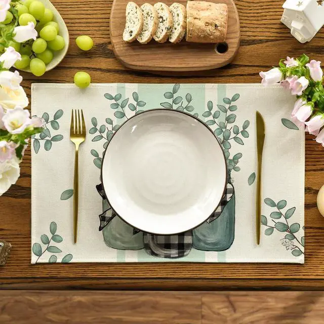 Alt view image 4 of 7 - Eucalyptus Buffalo Plaid Spring Placemats Set of 4, 12x18 Inch Vase Seasonal Table Mats for Party Kitchen Dining Decoration