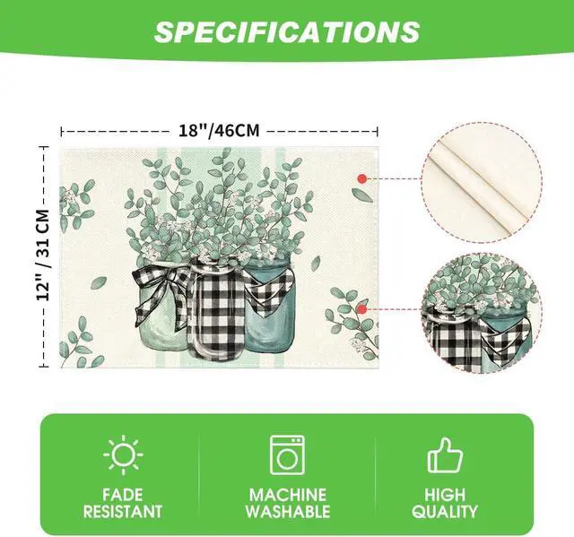 Alt view image 7 of 7 - Eucalyptus Buffalo Plaid Spring Placemats Set of 4, 12x18 Inch Vase Seasonal Table Mats for Party Kitchen Dining Decoration