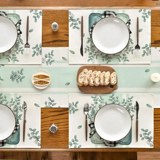 Alt view image 6 of 7 - Eucalyptus Buffalo Plaid Spring Placemats Set of 4, 12x18 Inch Vase Seasonal Table Mats for Party Kitchen Dining Decoration