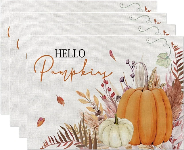 Main image of Fall Decorations for Home,Fall Placemats Set of 4,Orange Hello Pumpkin Leaves Washable Table Dinner Mats for Autumn Farmhouse Home Kitchen Decor, 12 x 18 Inch CD01