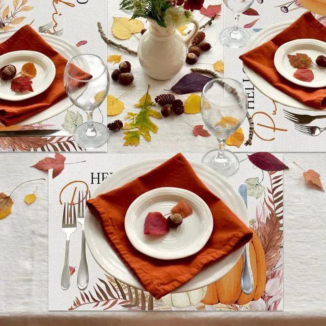 Alt view image 3 of 6 - Fall Decorations for Home,Fall Placemats Set of 4,Orange Hello Pumpkin Leaves Washable Table Dinner Mats for Autumn Farmhouse Home Kitchen Decor, 12 x 18 Inch CD01
