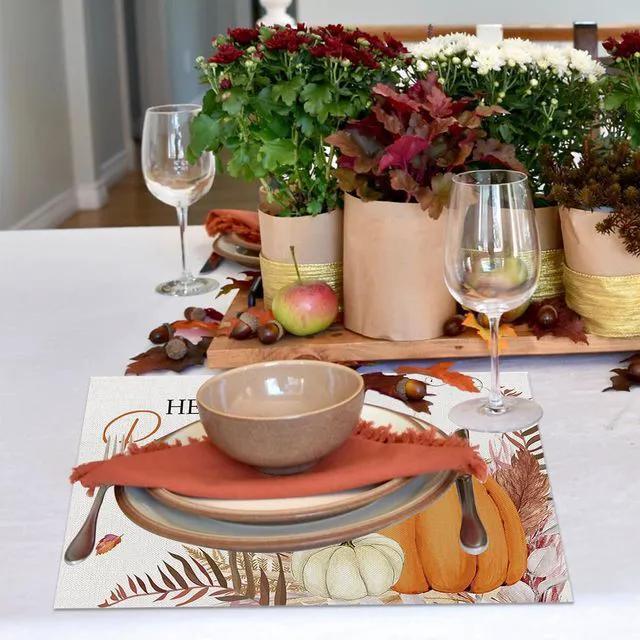 Alt view image 5 of 6 - Fall Decorations for Home,Fall Placemats Set of 4,Orange Hello Pumpkin Leaves Washable Table Dinner Mats for Autumn Farmhouse Home Kitchen Decor, 12 x 18 Inch CD01
