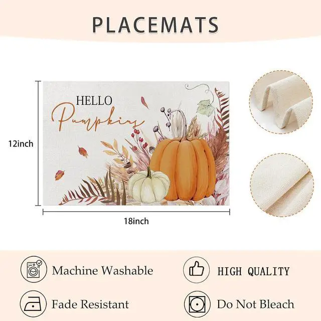 Alt view image 6 of 6 - Fall Decorations for Home,Fall Placemats Set of 4,Orange Hello Pumpkin Leaves Washable Table Dinner Mats for Autumn Farmhouse Home Kitchen Decor, 12 x 18 Inch CD01