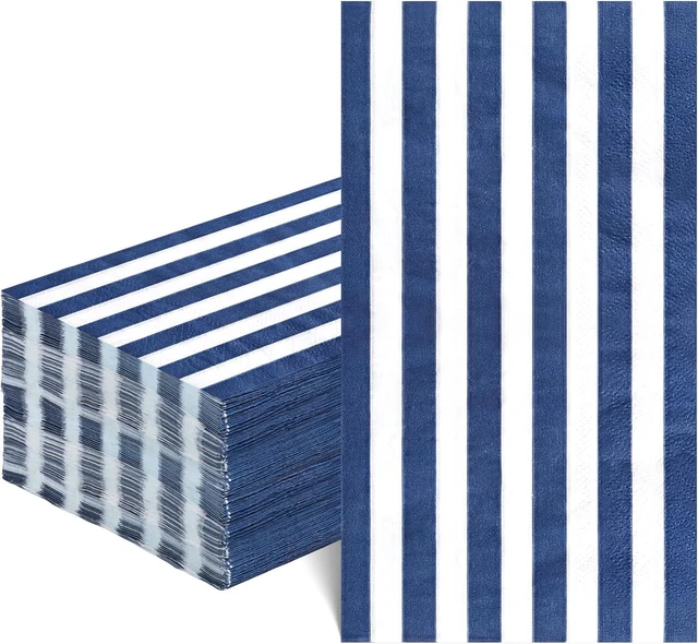 Main image of 60 Pcs Navy Blue Striped Napkins, 2 Ply Paper Napkins