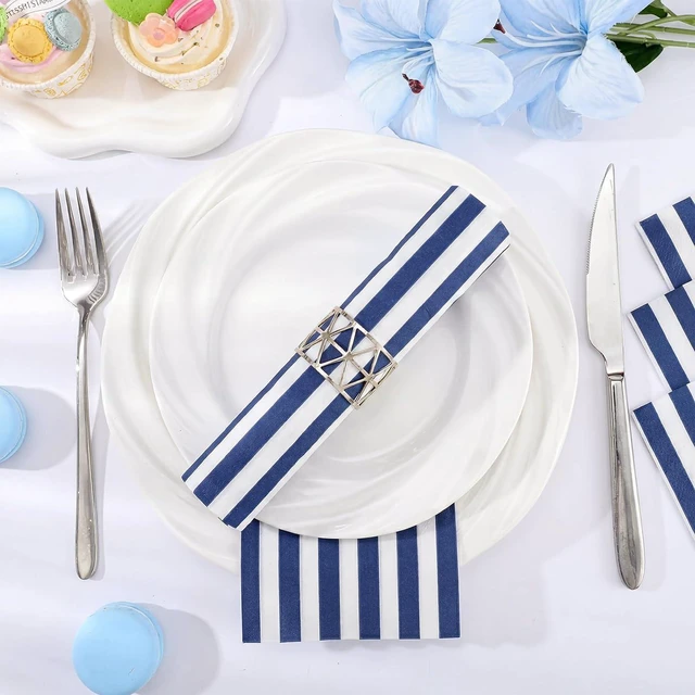 Alt view image 2 of 7 - 60 Pcs Navy Blue Striped Napkins, 2 Ply Paper Napkins