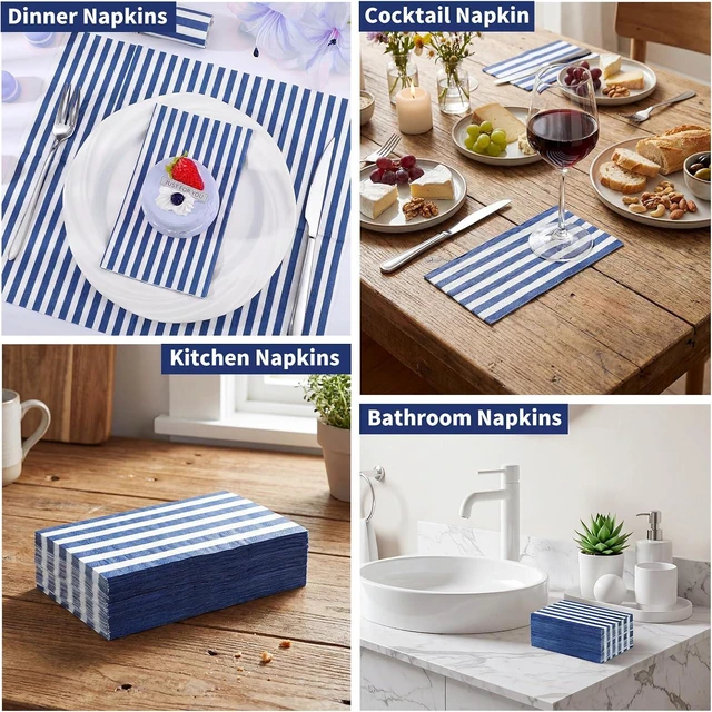 Alt view image 5 of 7 - 60 Pcs Navy Blue Striped Napkins, 2 Ply Paper Napkins