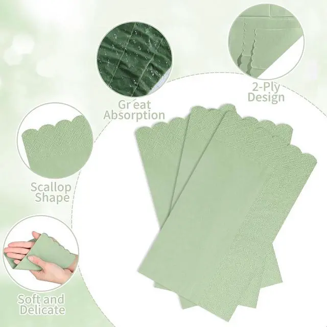 Alt view image 4 of 7 - 60 Pcs Sage Green Napkins, 2 Ply Scalloped Guest Towels for Bathroom