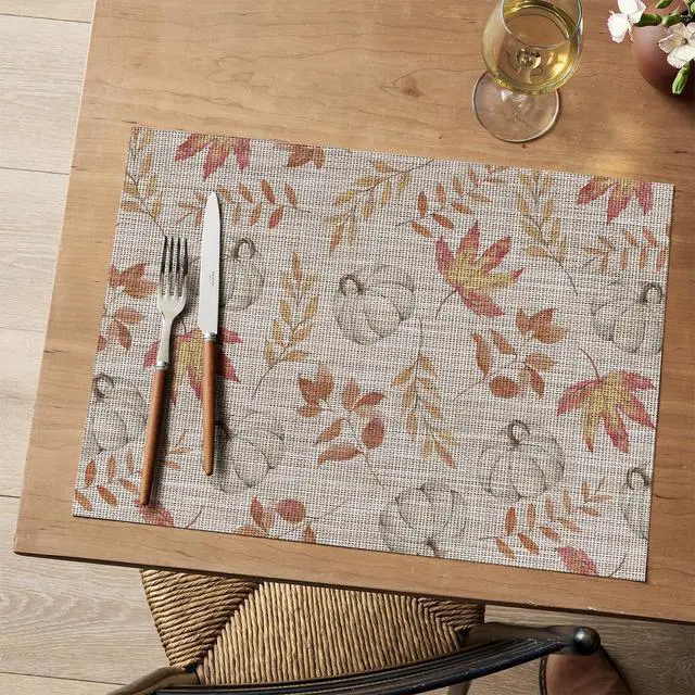 Alt view image 2 of 7 - Maple Leaves Fall Vinyl Placemats Set of 4, Wipeable Colorful Printing PVC Place Mats for Party Kitchen Dining Decor, Beige
