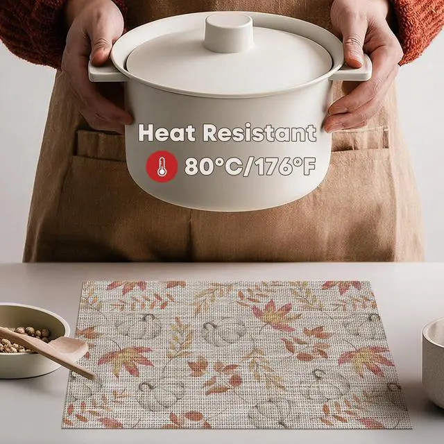 Alt view image 3 of 7 - Maple Leaves Fall Vinyl Placemats Set of 4, Wipeable Colorful Printing PVC Place Mats for Party Kitchen Dining Decor, Beige